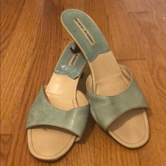 Manolo Blahnik Shoes - Sea foam Manolo Blahnik snakeskin kitten heels